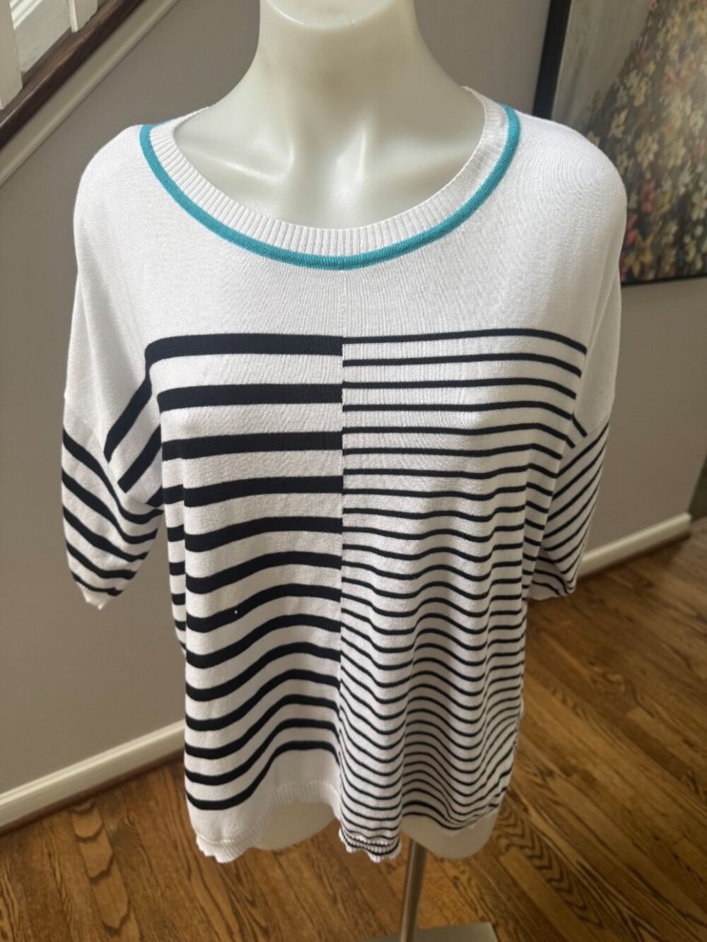 PLANET by Lauren G White Black Stripe Pima Cotton Tee Top Sweater OS